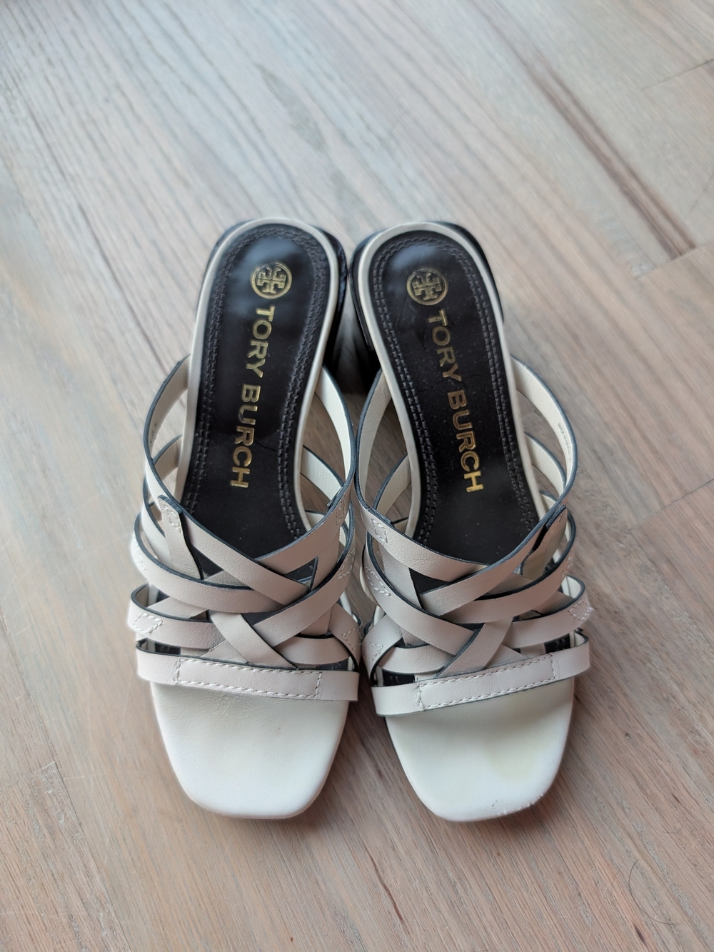 Tory Burch Cream Strappy Square Slide Block Heel Sandals Size 7
